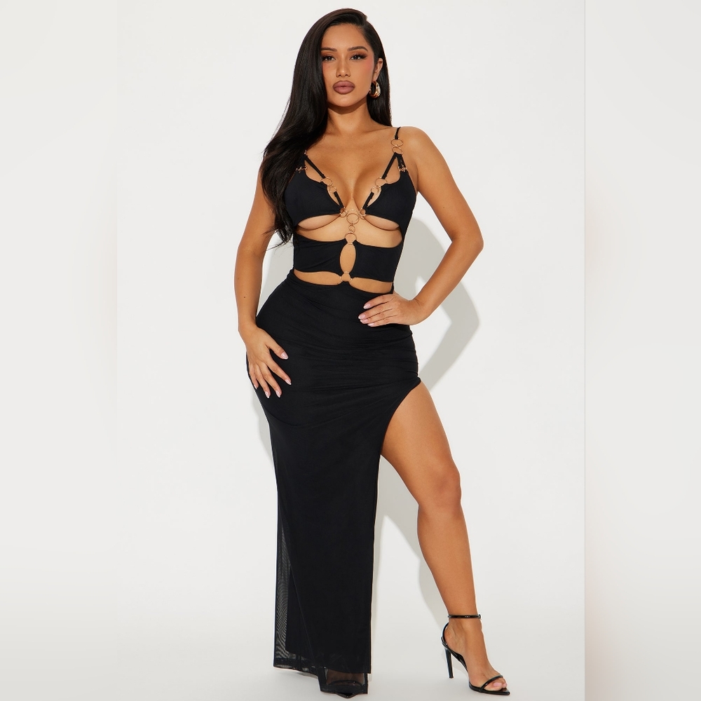Fashion Nova Black Bodycon Maxi Dress with Slit and Plunge Neckline